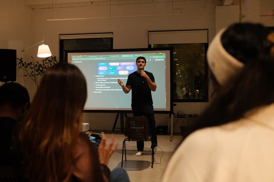 A presenter walking through slides